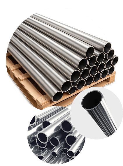 Tubo OD em Aço Inox A554 – Estrutural, resistente e pronto para aplicações arquitetônicas Tubos OD em aço inox A554 empilhados em pallet e detalhes dos tubos estruturais inox.